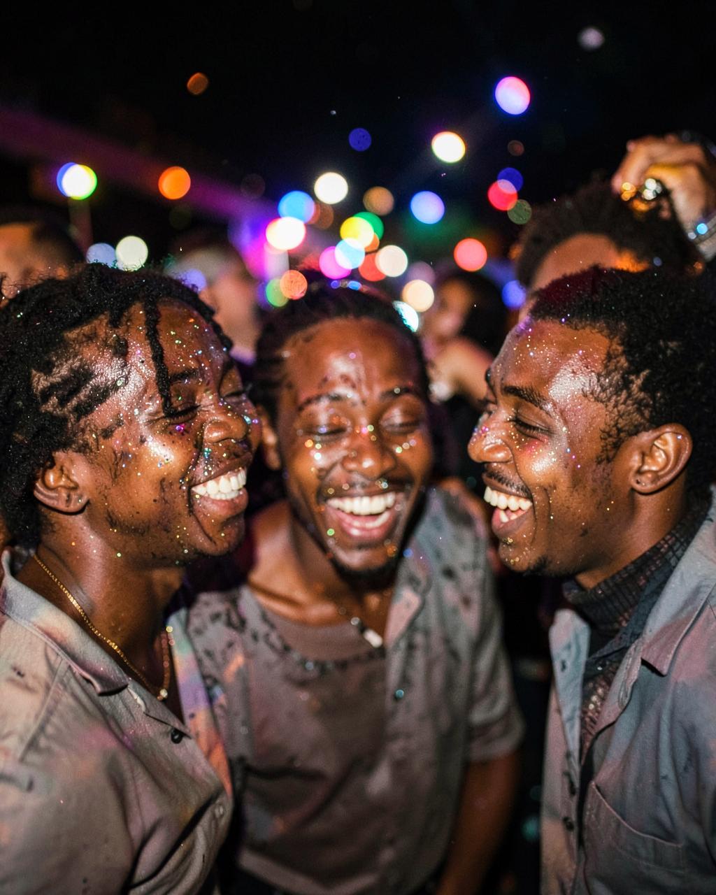 Friends laughing with face glitter at a night event