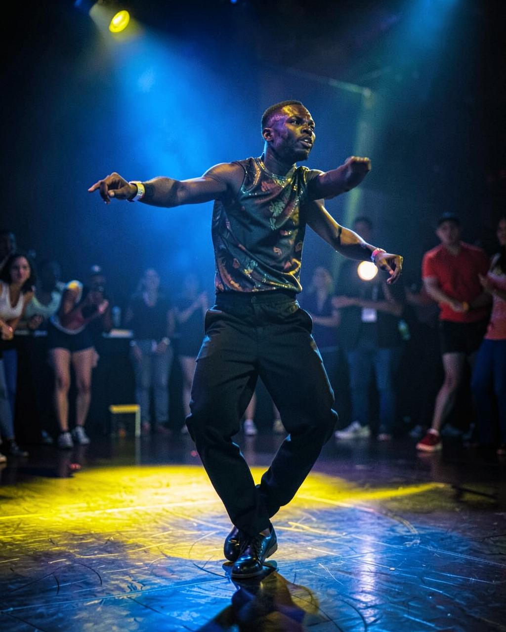 Voguing dancer mid-pose under blue and yellow light