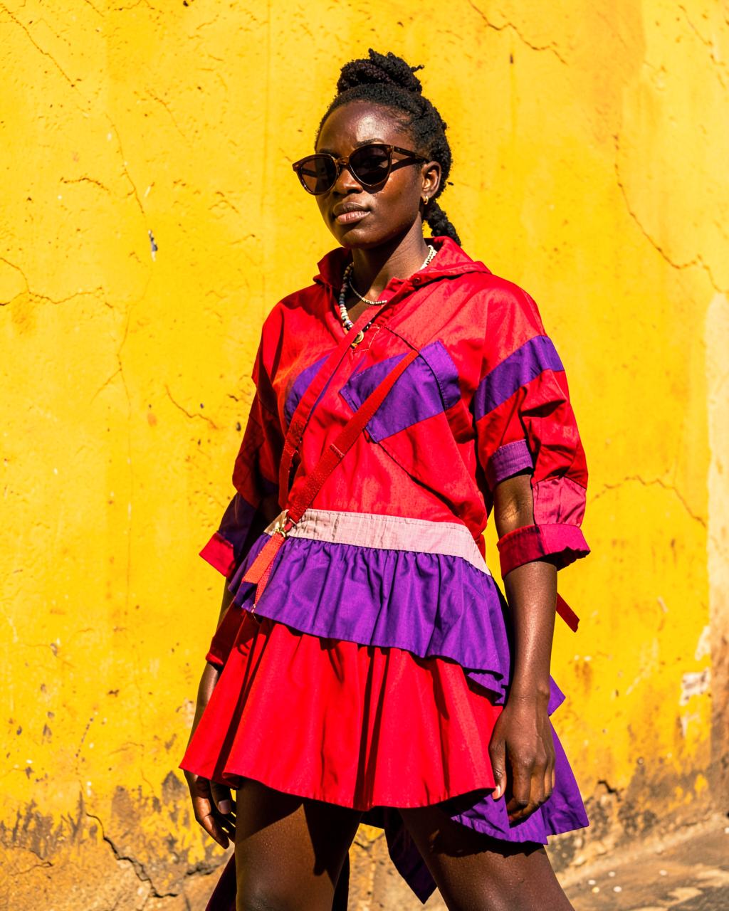 Street style portrait against a yellow wall in Nairobi